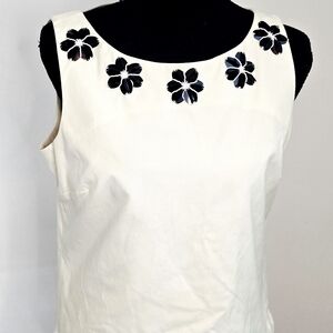 Talbots Ivory Sleeveless Shell with Black Floral Appliqué NWT